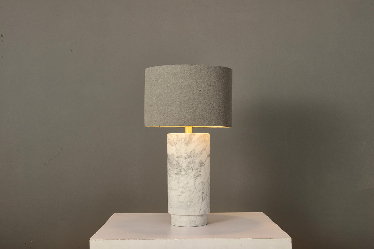 Elegant Modern White Grey Table Lamp with Copper Accents, Marble Base, and Cloth Shade – Stylish Contemporary Lighting Design