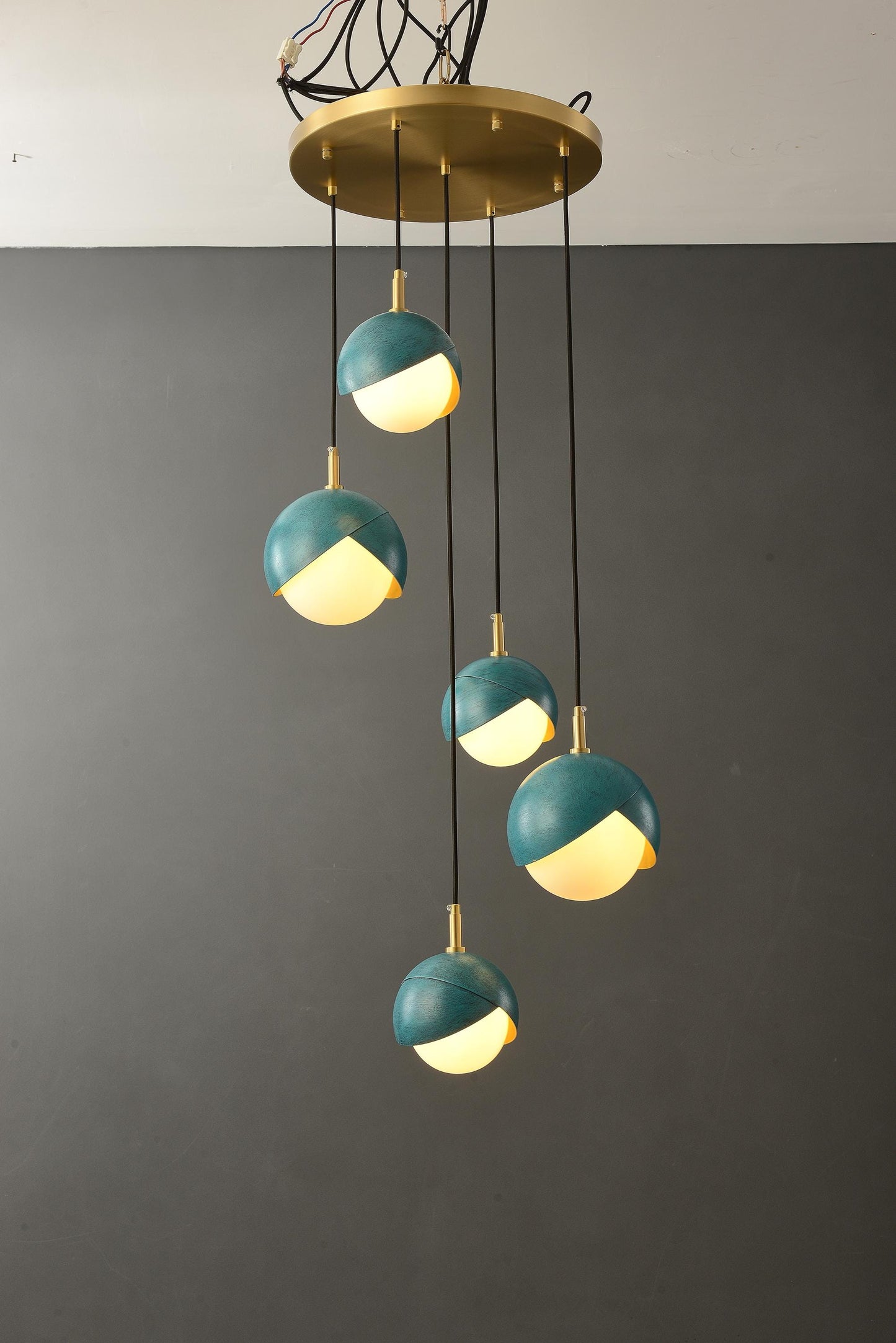 Modern Copper and Iron Chandelier with Deep Sea Blue Accents - Industrial Style Black Acrylic Lighting Fixture