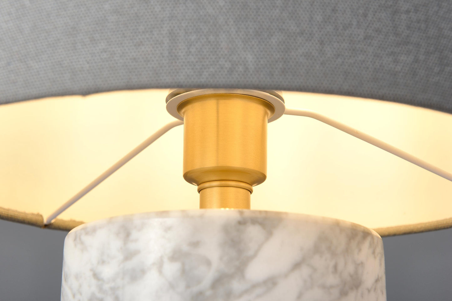 Elegant Modern White Grey Table Lamp with Copper Accents, Marble Base, and Cloth Shade – Stylish Contemporary Lighting Design
