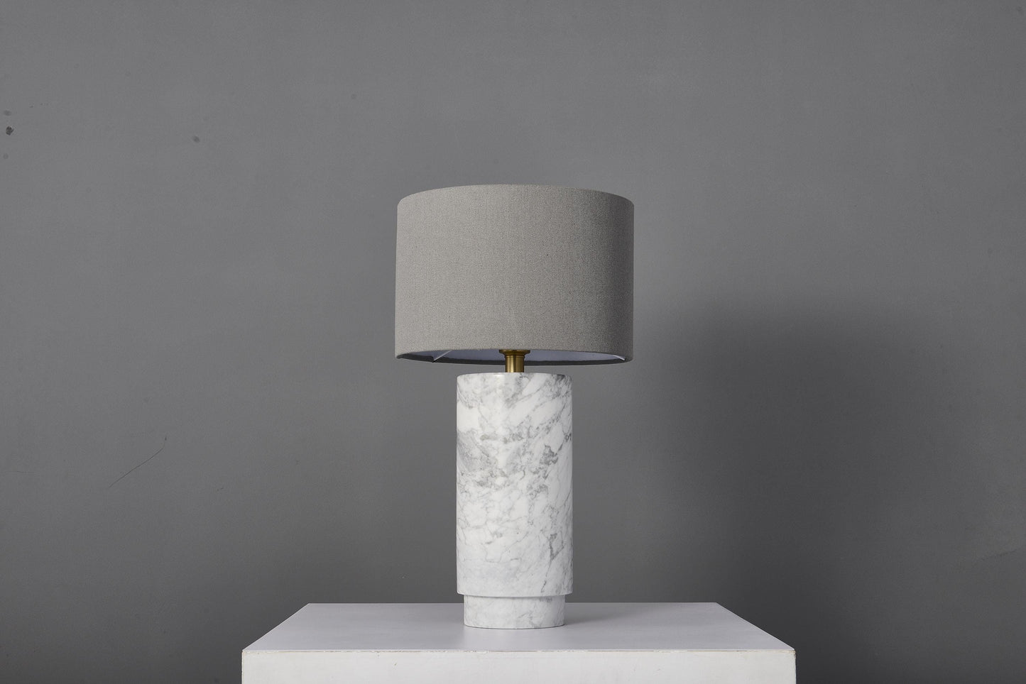Elegant Modern White Grey Table Lamp with Copper Accents, Marble Base, and Cloth Shade – Stylish Contemporary Lighting Design