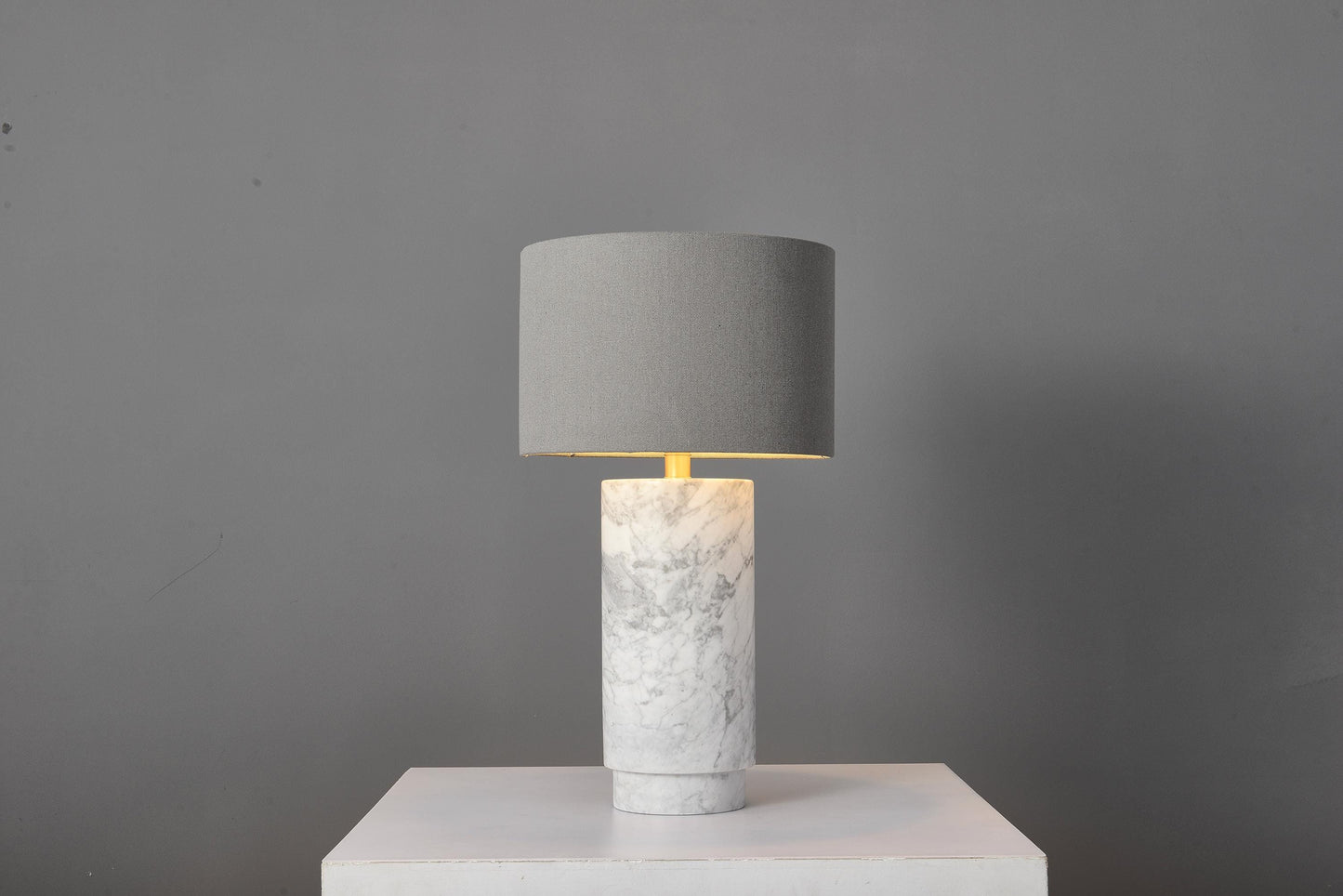 Elegant Modern White Grey Table Lamp with Copper Accents, Marble Base, and Cloth Shade – Stylish Contemporary Lighting Design