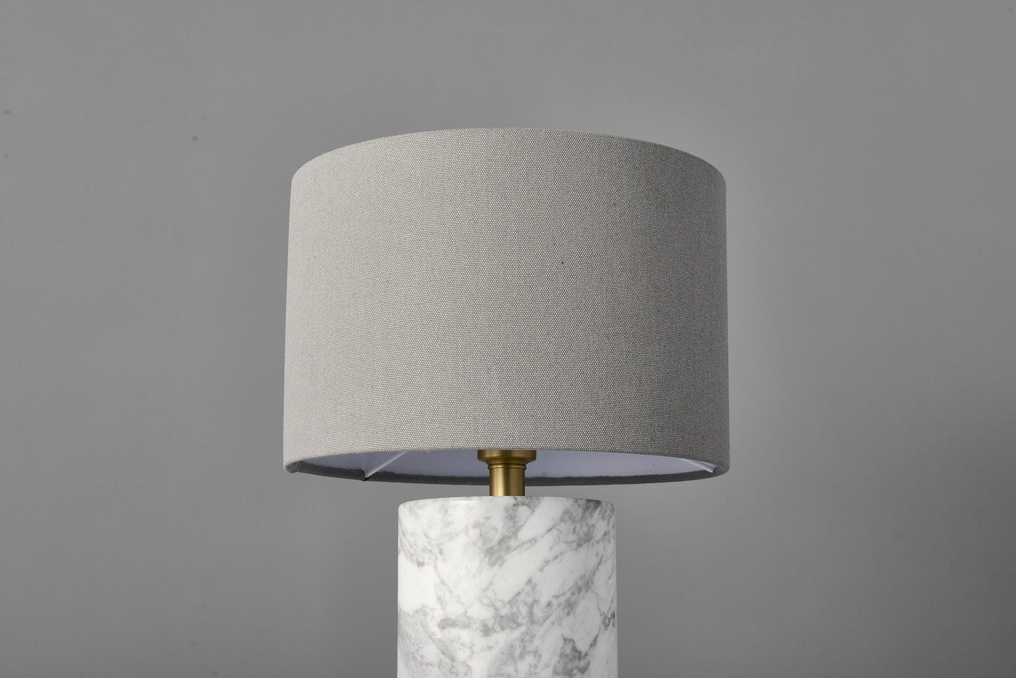 Elegant Modern White Grey Table Lamp with Copper Accents, Marble Base, and Cloth Shade – Stylish Contemporary Lighting Design