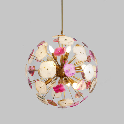 Modern Brass Multi Color Agate Sliced Orb Chandelier - 22"D