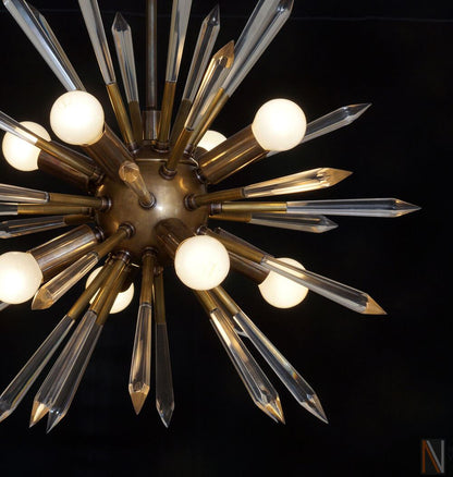 Mid century Modern Brass & Acrylic Crystal Rock Sputnik Chandelier Light Fixture