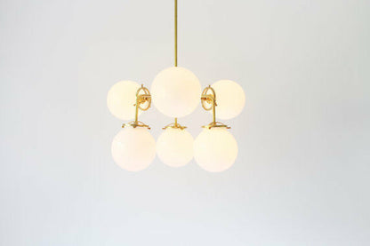 Modern Brass Chandelier Lighting Fixture, 6 White Glass Globes Chandelier