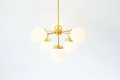 Modern Brass Chandelier Lighting Fixture, 6 White Glass Globes Chandelier