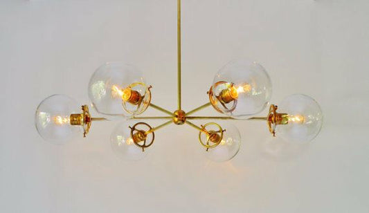 Modern Brass Globe Chandelier Lighting Fixture, 5 Clear Glass Globes Chandelier