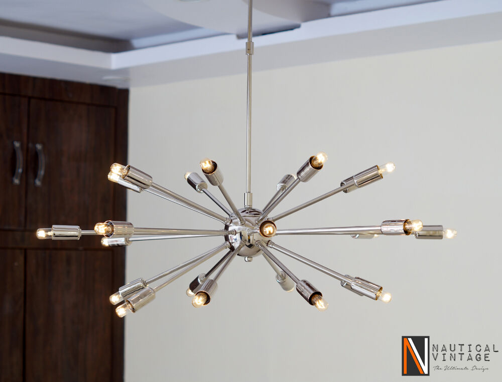 Mid Century Modern 24 Arm Chrome Brass Sputnik atomic chandelier starburst light