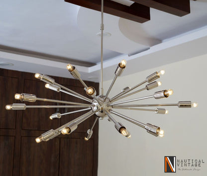 Mid Century Modern 24 Arm Chrome Brass Sputnik atomic chandelier starburst light