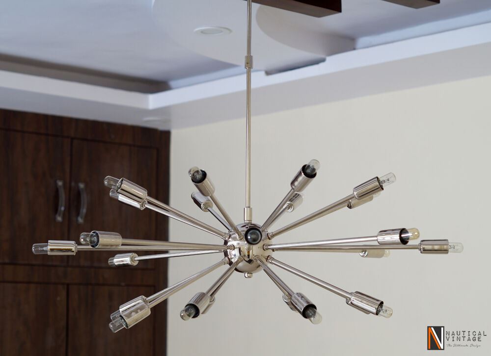 Mid Century Modern 24 Arm Chrome Brass Sputnik atomic chandelier starburst light
