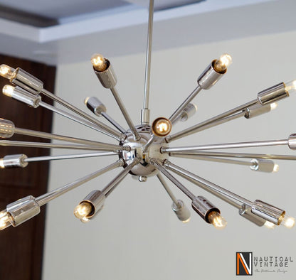 Mid Century Modern 24 Arm Chrome Brass Sputnik atomic chandelier starburst light