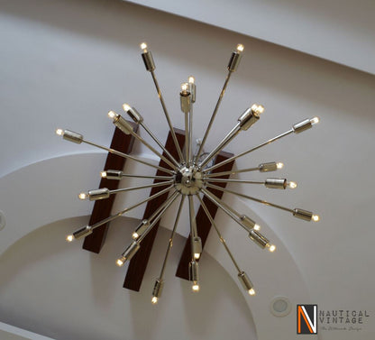 Mid Century Modern 24 Arm Chrome Brass Sputnik atomic chandelier starburst light
