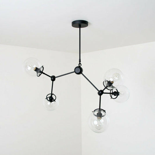 Mid century style modern black brass Light Fixture - 5 Glass Globe Chandelier