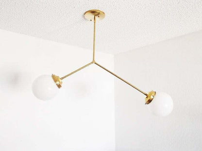 Brass Modern Pendant - Twin Glass Shades - Globe Orb - 2 Glass Globe Chandelier