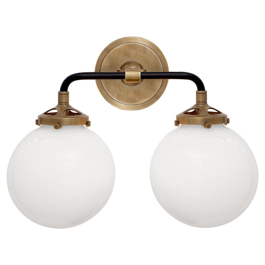 MODERN BRASS 2 LIGHT GLASS GLOBE WALL SCONCE