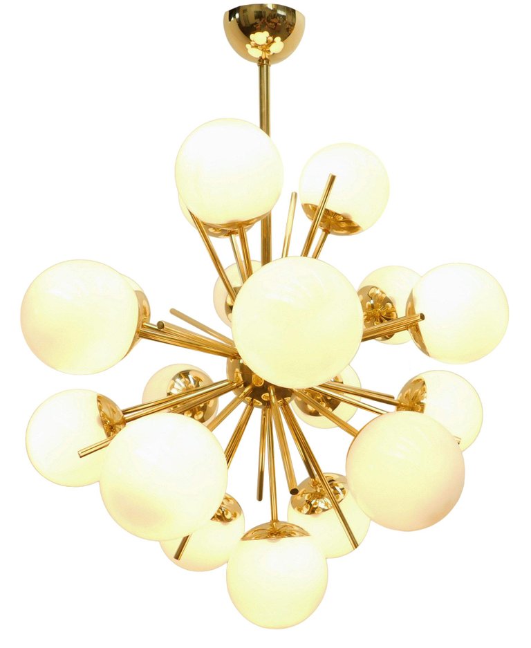 Modern Brass 18 Light Nova Sputnik White Globe Chandelier