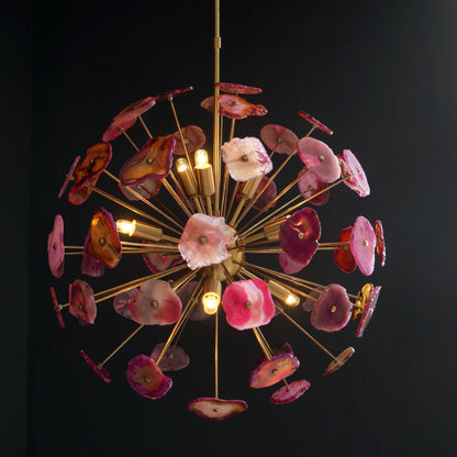 Modern Brass Sputnik Chandelier Light Fixture With Pink Agate Stone