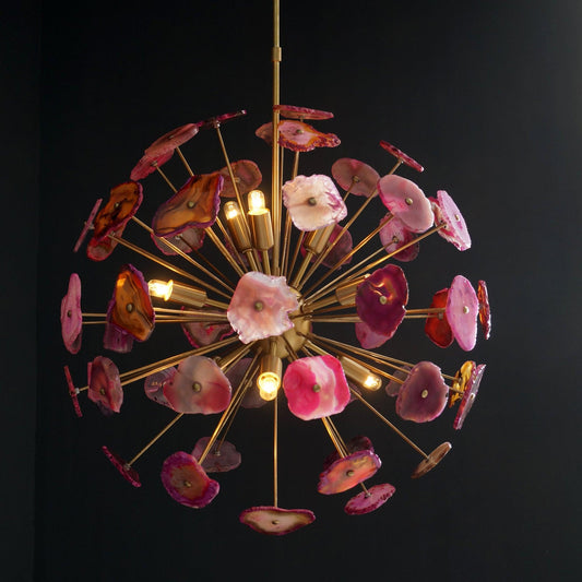 Modern Brass Sputnik Chandelier Light Fixture With Pink Agate Stone
