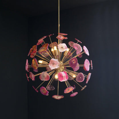 Modern Brass Sputnik Chandelier Light Fixture With Pink Agate Stone