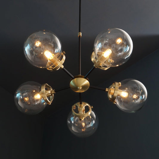 Modern Brass 5 Arms Glass Globe Sputnik Chandelier Light Fixture