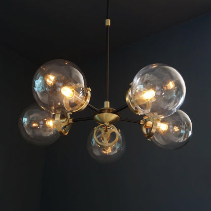 Modern Brass 5 Arms Glass Globe Sputnik Chandelier Light Fixture
