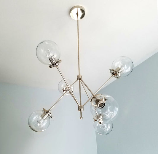 Modern 6 Clear Globes Brass Chandelier Fixture