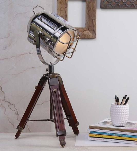 Nickel Finish Tripod Table Lamp Teak Wood Base