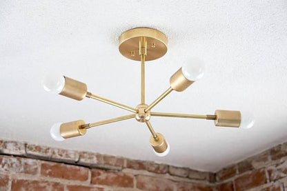 Modern Brass 5 Arm Pinwheel Chandelier Semi Flush Industrial Light