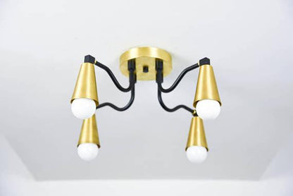 Modern Brass Cone Shades Semi Flush 4 Arm Bulb Sputnik