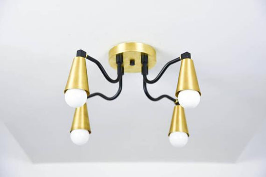 Modern Brass Cone Shades Semi Flush 4 Arm Bulb Sputnik