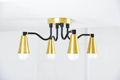 Modern Brass Cone Shades Semi Flush 4 Arm Bulb Sputnik