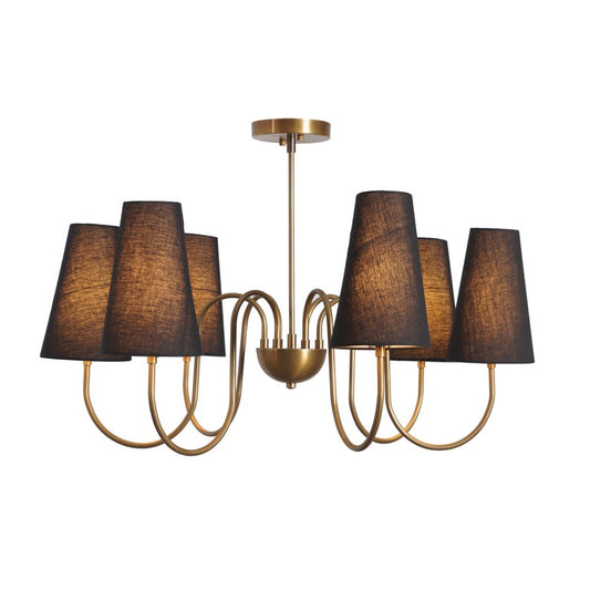Six Arm Linen Shade Brass Chandelier Sputnik Light Fixture