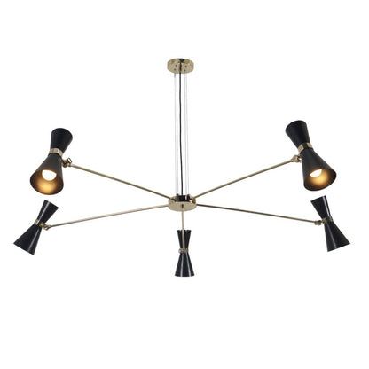 Brass Linear Black Shade Sputnik Chandelier Suspension Pendant Light 5-Lamps