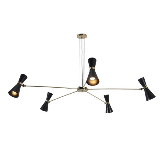 Brass Linear Black Shade Sputnik Chandelier Suspension Pendant Light 5-Lamps