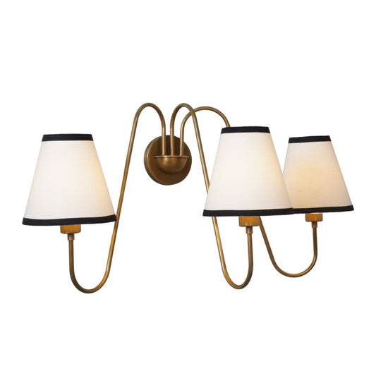 3-Light Linen Shade Raw Brass Wall Sconce with Black Fabric Shades Handmade Brass Wall Lamp