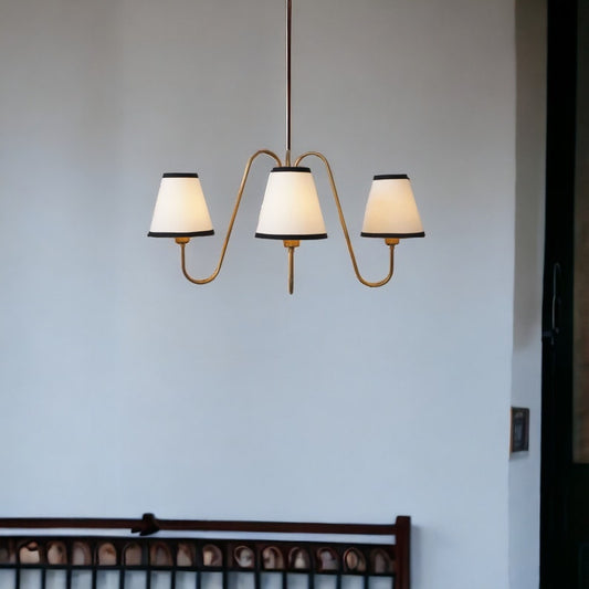 3-Light Linen Shade Raw Brass Sputnik Chandelier with Linen Fabric Shades Handmade Brass Ceiling Fixture