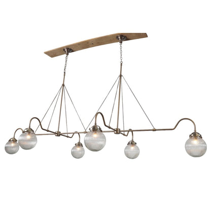 Handmade 6 Light Ribbed Glass Globes Shade Mid Century Modern Raw Brass Linear Sputnik chandelier light Fixture