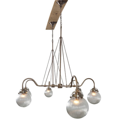 Handmade 6 Light Ribbed Glass Globes Shade Mid Century Modern Raw Brass Linear Sputnik chandelier light Fixture