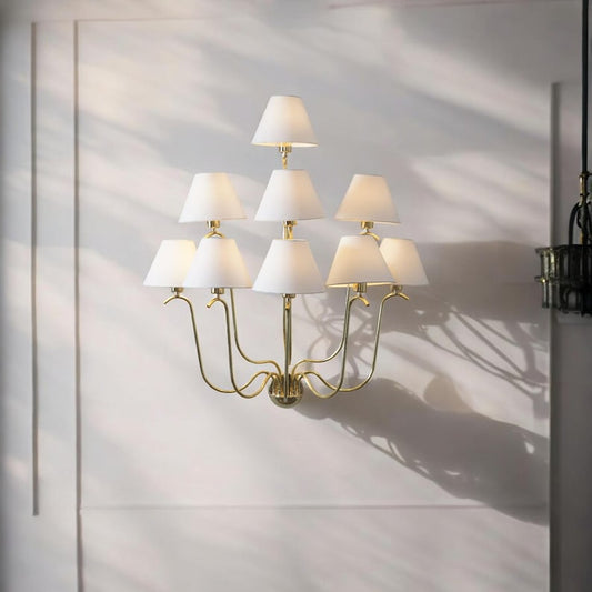 9-Light Linen Shade Brass Wall Sconce with Cream Fabric Shades Handmade Brass Wall Lamp