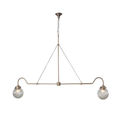 Handmade 2 Light Ribbed Glass Globes Shade Mid Century Modern Raw Brass Linear Sputnik chandelier light Fixture