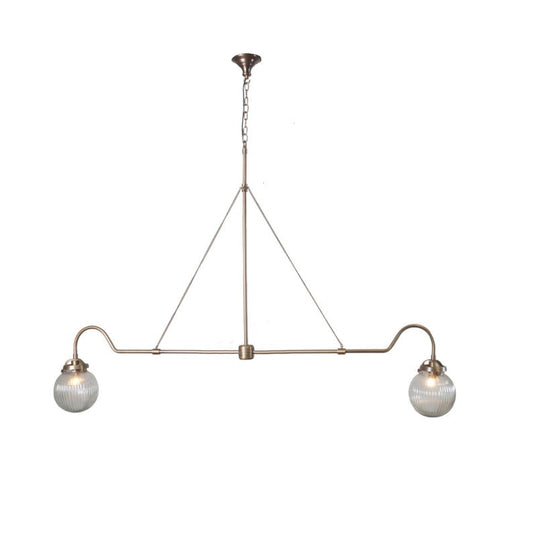Handmade 2 Light Ribbed Glass Globes Shade Mid Century Modern Raw Brass Linear Sputnik chandelier light Fixture