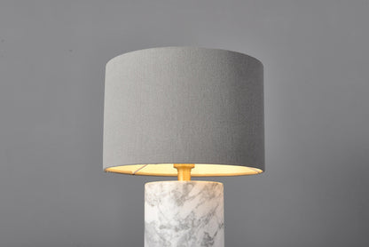 Elegant Modern White Grey Table Lamp with Copper Accents, Marble Base, and Cloth Shade – Stylish Contemporary Lighting Design