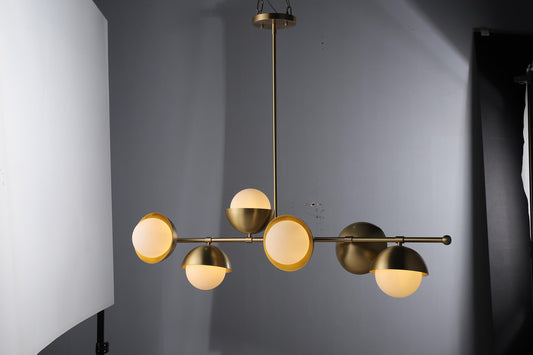 6-Globe Luxury Copper and Glass Chandelier | Mid-Century Modern, Industrial Style Statement Lighting with Contemporary Copper Finish