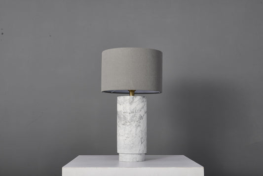 Elegant Modern White Grey Table Lamp with Copper Accents, Marble Base, and Cloth Shade – Stylish Contemporary Lighting Design