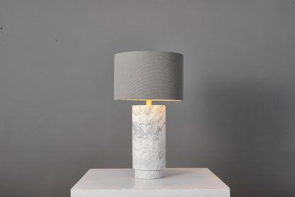Elegant Modern White Grey Table Lamp with Copper Accents, Marble Base, and Cloth Shade – Stylish Contemporary Lighting Design