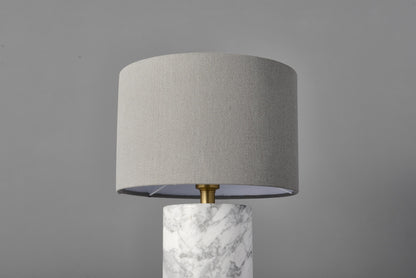 Elegant Modern White Grey Table Lamp with Copper Accents, Marble Base, and Cloth Shade – Stylish Contemporary Lighting Design