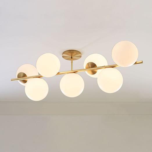 Sphere + Stem 7-Light Brass Chandelier + Semi-Flushmount